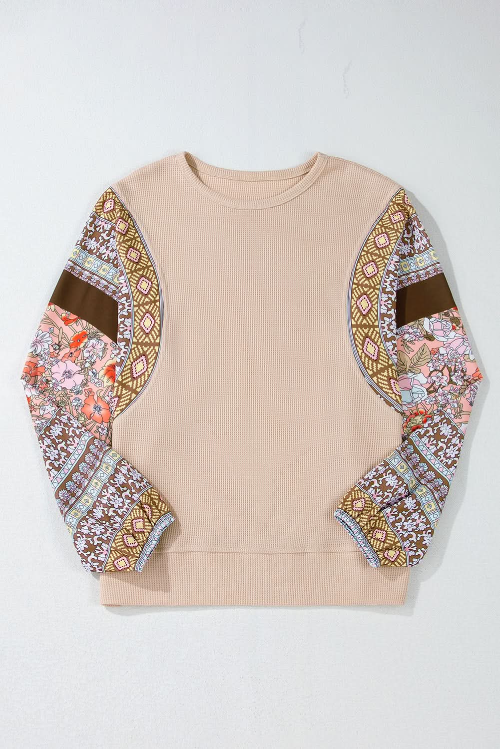 Parchment Contrast Floral Patchwork Puff Sleeve Waffle Knit Top - Love Salve